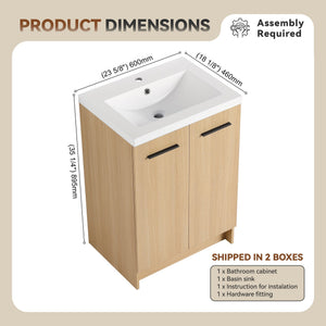 English Elm 24" Floating Oak Plywood Bathroom Vanity Set with Glossy Resin Sink Scandinavian Style W3450S00090