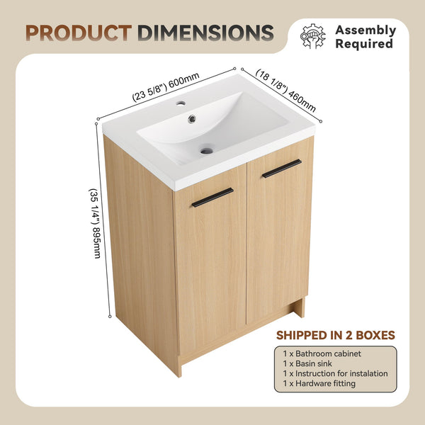 English Elm 24" Floating Oak Plywood Bathroom Vanity Set with Glossy Resin Sink Scandinavian Style W3450S00090