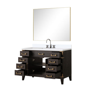 English Elm Brown Oak Single Bath Vanity 48" W x 22" D with Polished White Quartz Top, Chrome Faucet & 46" Mirror B2731S02015