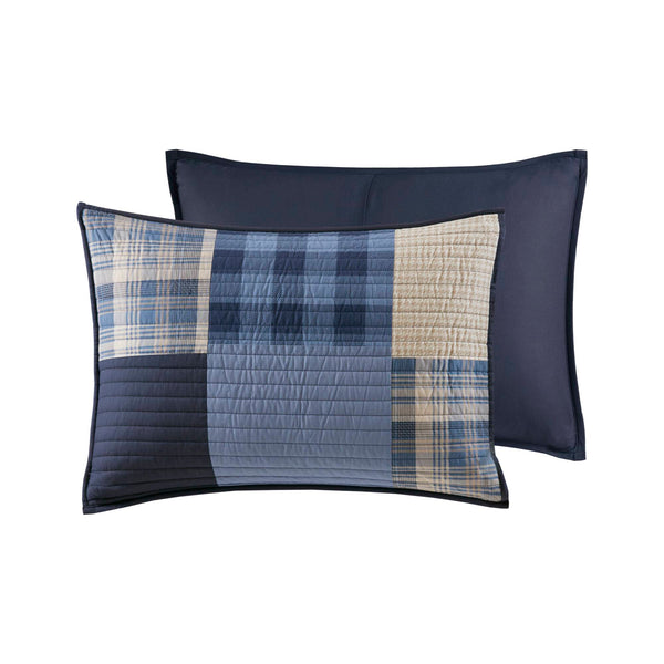 English Elm 3-piece King Cotton Patchwork Quilt Set Navy Denim White Plaid Heirloom Bedding B035P463258