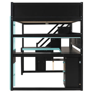 English Elm Full Size Gaming Loft Bed with Led Lighting Desk Shelves and Usb Charging Ports N820S00071C