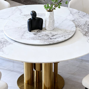 English Elm 59" Round Sintered Stone Dining Table Seats 8 with Built-in Lazy Susan Modern W2699S00096