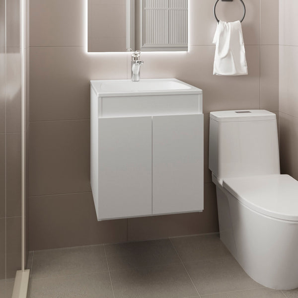English Elm Bathroom Vanity Meka 45 Wall-Mounted White MDF, Two Drawers + Open Shelf for Small Bathrooms, Modern Durable Storage B200P313682