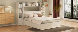 English Elm Queen Pine Wood Platform Bed with Built-In Nightstands, 2 Charging Stations, 3 Drawers & Storage BS701P286275K