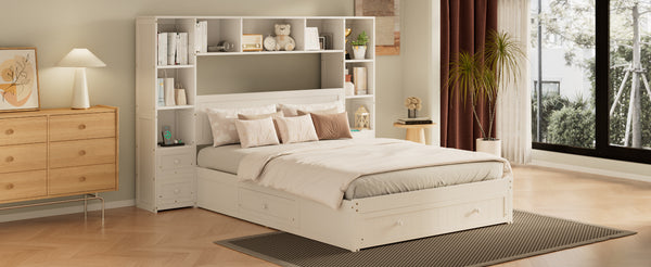 English Elm Queen Pine Wood Platform Bed with Built-In Nightstands, 2 Charging Stations, 3 Drawers & Storage BS701P286275K