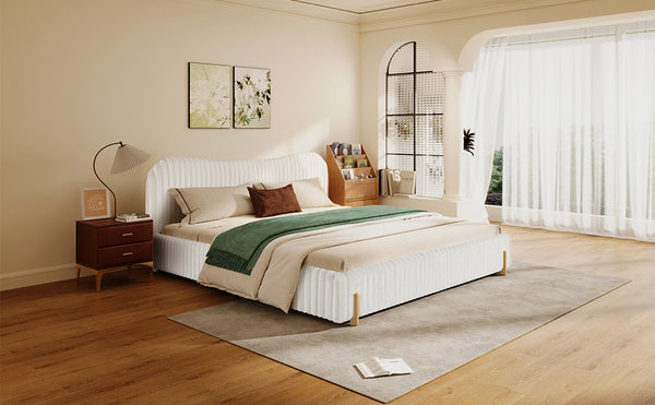 English Elm Christopher Knight Home® - Sleek White Boucle Upholstered Bed With Sculptural Wavy Headboard & Vertical Stitching, Queen Size N769P261288Q