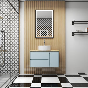 English Elm 36-Inch Wall-Mounted Bathroom Vanity With Blue Cabinet, Natural Wood Top & Round Ceramic Sink Design W3151S00011