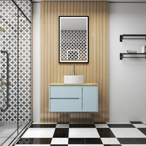 English Elm 36-Inch Wall-Mounted Bathroom Vanity With Blue Cabinet, Natural Wood Top & Round Ceramic Sink Design W3151S00011