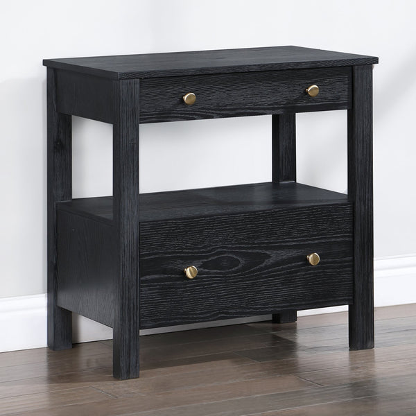English Elm Danielle Modern 2-Drawer Nightstand in Black Oak Veneer with Gold Knobs, Smooth Glides & Shelf B050P376972