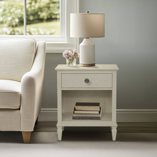 English Elm Victoria Aged Oak Nightstand with Solid Wood Legs, Wire-Brushed Veneer, Drawer & Open Shelf Cream 27.25 L x 22.75 W x 27.25 H B035P341167