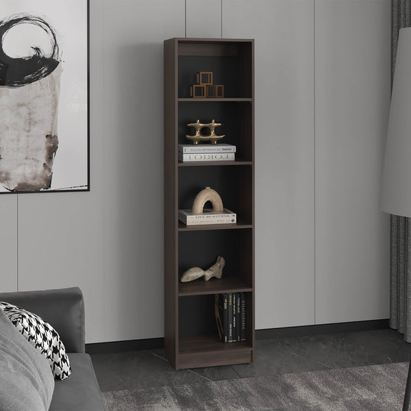 English Elm XS Compact Bookcase 5-Shelf Slim Bookshelf in Dark Walnut & Black Wengue — Space-Saving, Durable Storage B097P350331