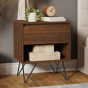 English Elm Hunter Handcrafted Nightstand with Solid Wood Veneer, Single Drawer & Open Shelf, Modern Industrial Design Walnut B136P364301