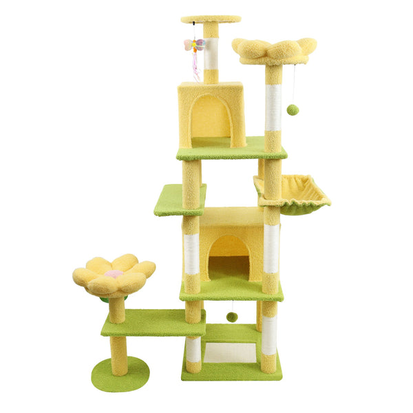 English Elm 71 Inch Floral Cat Tower with Condo Hammock Sisal Posts and Plush Perches for Large Breeds Yellow W243P326629