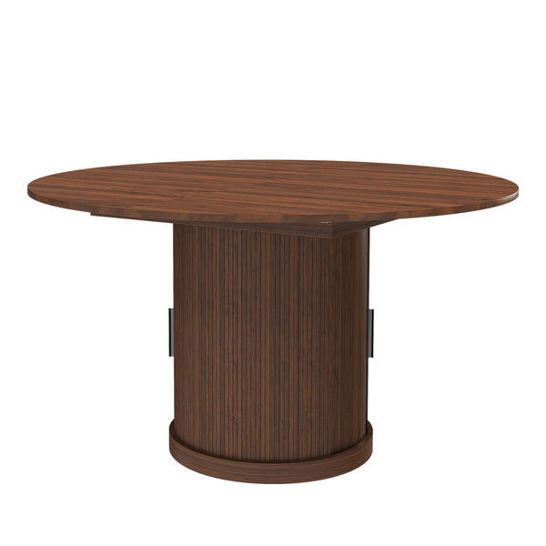 English Elm 47 Inch Extendable Round Dining Table Walnut Finish Seats 8 with Wire Grid Shelf W2700P385519