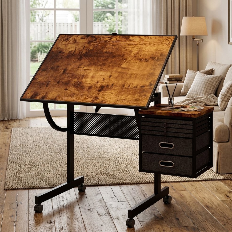 English Elm 1500 Piece Puzzle Table with Tilting Metal Frame Four Felt Trays and Rolling Caster Base W347P464234