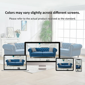 English Elm 3 Plus 2 Seater Chesterfield Velvet Sofa Set with Nailhead Trim for Living Room Blue W3373S00070