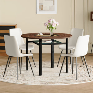 English Elm Table and Chair Set 42 Inch Round Wood Grain Dining with 4 Linen Cushioned Seats Brown+Black,White W1151S04487