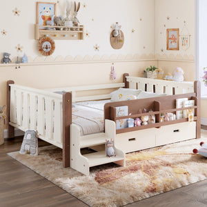 English Elm Twin Kids Platform Bed with Trundle Staircase Bookshelf and Rounded Safety Rails Beige W1580S00539