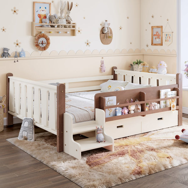 English Elm Twin Kids Platform Bed with Trundle Staircase Bookshelf and Rounded Safety Rails Beige W1580S00539