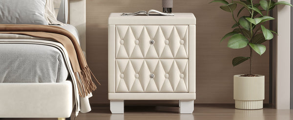 English Elm Elegant Velvet Upholstered Nightstand with Crystal Knobs Tufted Glam Bedside Storage Beige N733P210398A