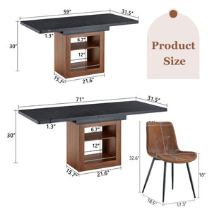 English Elm Expandable Dining Set Walnut Base Black Tabletop Six Brown Fabric Chairs Modern W1151S04697