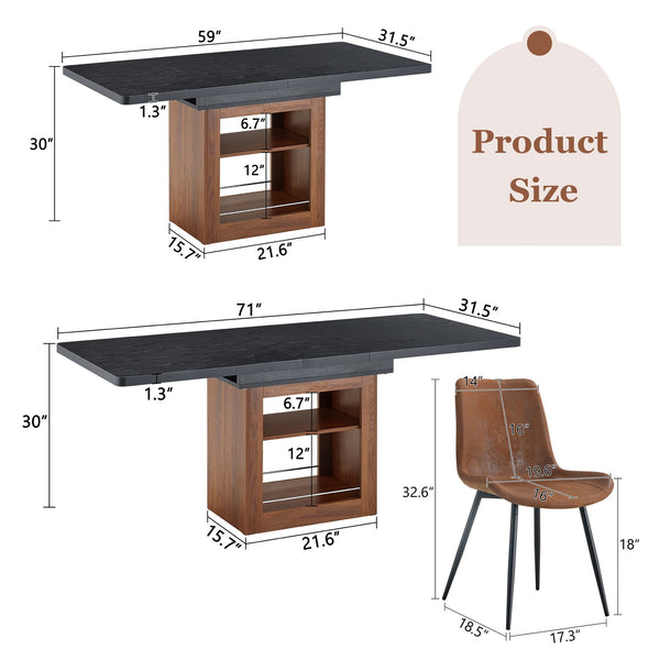 English Elm Expandable Dining Set Walnut Base Black Tabletop Six Brown Fabric Chairs Modern W1151S04697