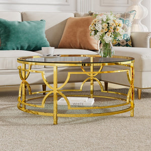 English Elm Round Tempered Glass Coffee Table with Gold Geometric Metal Base and Open Storage Shelf Transparent N735P396530K