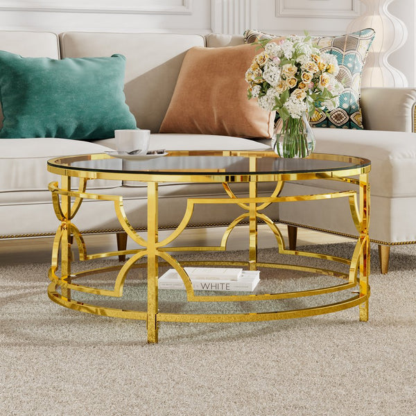 English Elm Round Tempered Glass Coffee Table with Gold Geometric Metal Base and Open Storage Shelf Transparent N735P396530K