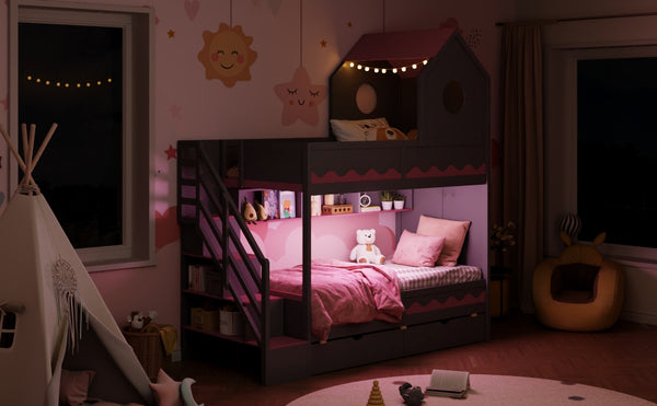 English Elm Twin Over Kids Bunk Bed with Castle Roofline Led Lights and Staircase Storage Gray N820S00068E