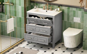 English Elm 30'' Bathroom Vanity with Ceramic Sink, Solid Wood Frame Retro Style Vanity with 3 Drawers & Gold Handles Gray N710P246209E