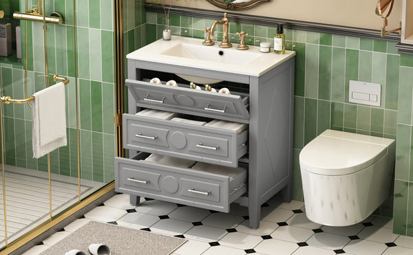 English Elm 30'' Bathroom Vanity with Ceramic Sink, Solid Wood Frame Retro Style Vanity with 3 Drawers & Gold Handles Gray N710P246209E