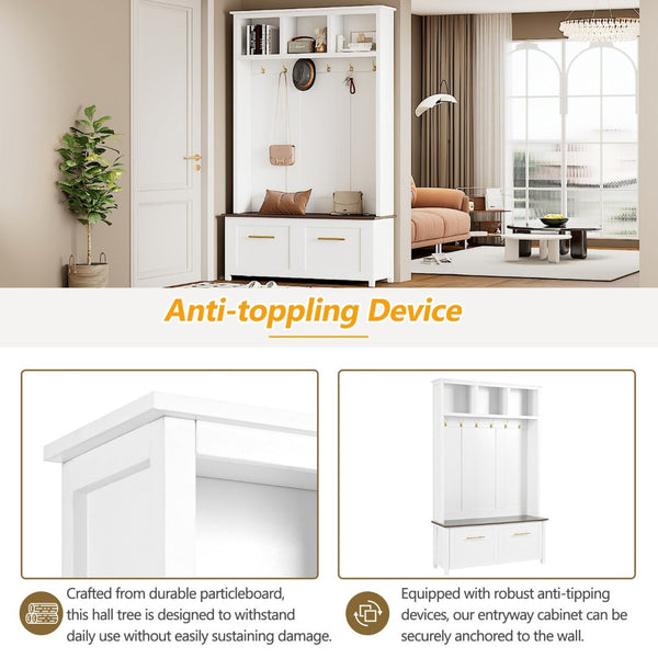 English Elm On-Trend Stylish 4-In-1 Hall Tree With Bench & Golden Hooks, Entryway Storage Solution, Durable Design N721S000056K-GIGA