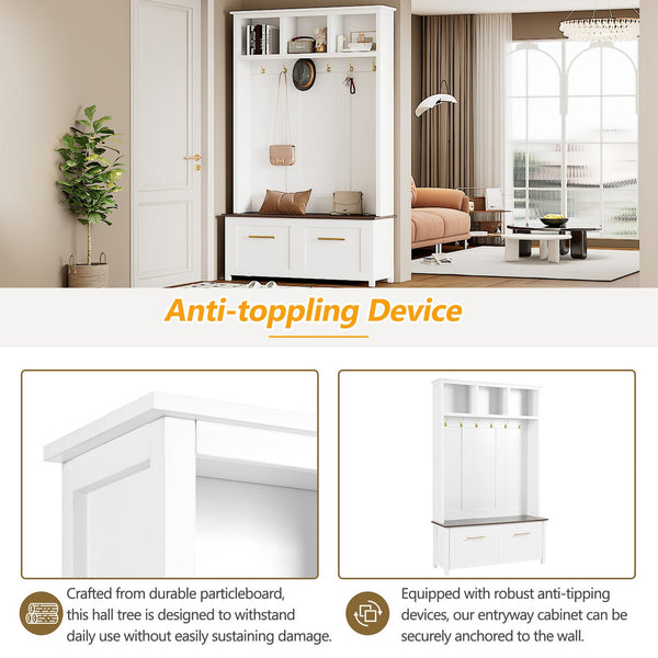 English Elm On-trend Entryway Hall Tree with Gold Hooks Bench Drawers and Shoe Cabinet Storage White N721S000056K-1