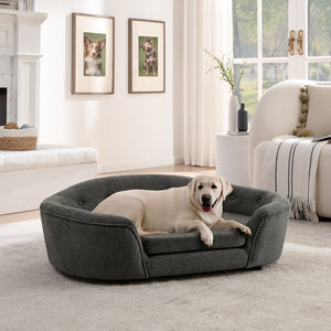 English Elm Oversized Oval Dog Sofa with Tufted Linen Backrest for Large Breed Lounging Comfort Dark Gray W487P415302