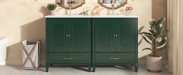 English Elm Christopher Knight Home® - 60" Bathroom Vanity Double Sink Freestanding Set with Ceramic Tops, Ample Adjustable Storage Green N759S313313F