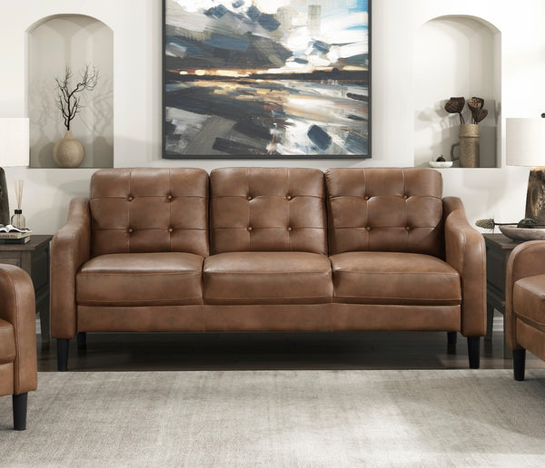 English Elm Brown Mallory Polished Microfiber Sofa with Button Tufting, Contoured Arms & Solid Wood Frame — 77" Casual Living Room Seating B011P206276