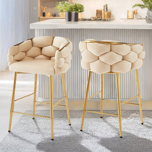 English Elm Christopher Knight Home® - 28'' Velvet Counter Stools Set of 2 with Gold Iron Frame, Plush Back & Footrest for Kitchen Beige N780P199861W