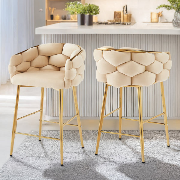 English Elm Christopher Knight Home® - 28'' Velvet Counter Stools Set of 2 with Gold Iron Frame, Plush Back & Footrest for Kitchen Beige N780P199861W