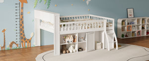 English Elm Queen Loft Bed with Open Shelving Built-in Led Light White Wood Frame N7090005025K