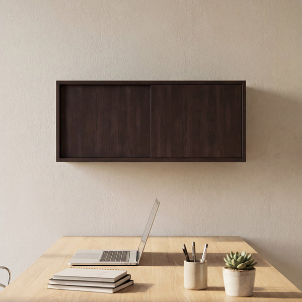 English Elm Note Floating Wall Cabinet with Sliding Doors Slim Mounted Storage for Any Room Dark Walnut B070P462898