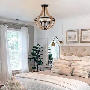 English Elm 19" Farmhouse 5-Light Wood Chandelier, Height Adjustable Pendant or Flush Mount, Rustic Brown Elegance W2738P185399