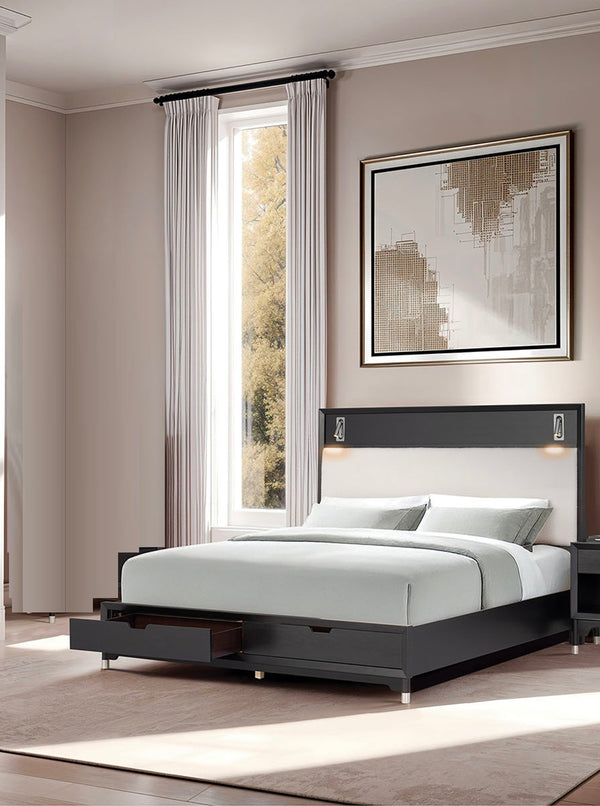 English Elm Mid-century Modern Eastern King Storage Bed Upholstered Headboard with Led Reading Lights B2741S00794