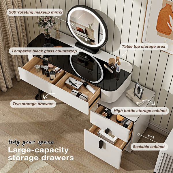 English Elm Modern Glass Top Vanity Table with Adjustable Legs Storage Cabinet and Round Mirror W3767P442396