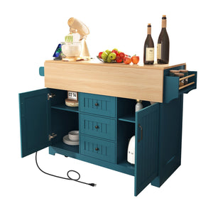 English Elm K&K Convertible 55.7" Folding Kitchen Island Cart with Power Outlet, Spice Rack, 5 Wheels, Multi-Use Green N707P186617E