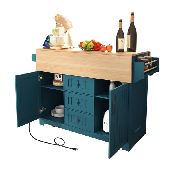 English Elm K&k Rolling Kitchen Island with Drop Leaves Power Outlet Drawers and Spice Rack Green N707S186617E