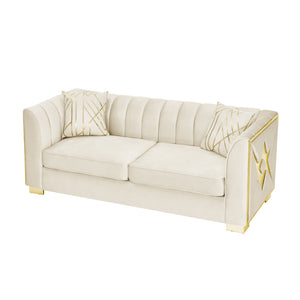 English Elm 81" Tufted Velvet Chesterfield Sofa with Gold Steel Legs for Elegant Living Rooms Beige W1191S00062