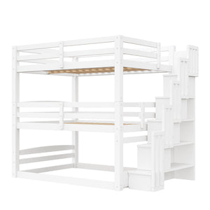 English Elm Full Size Triple Bunk Bed Solid Pine Frame with Storage Staircase Separate Convertible Design White N7090000477K