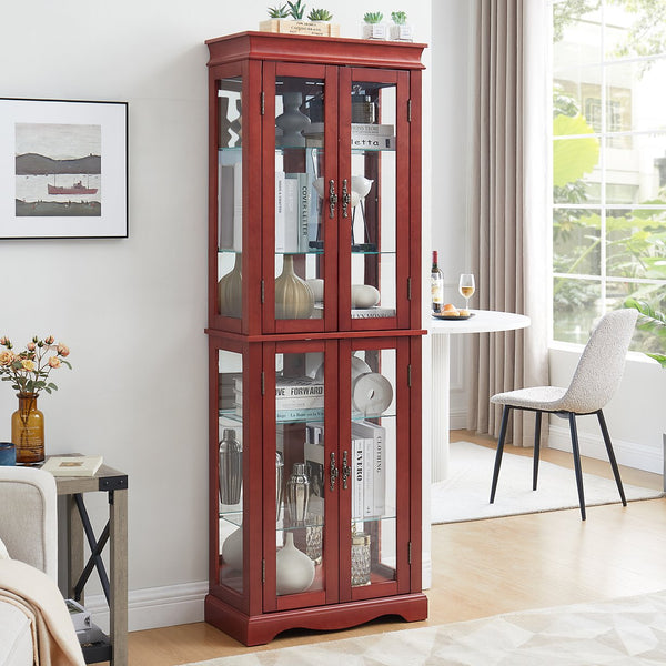 English Elm Lighted Glass Curio Display Cabinet – Elegant Cherry Wood Frame With Adjustable Shelves & Bulb Included W1758P300134