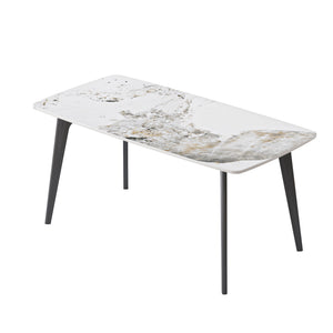English Elm 62.99" Modern Artificial Stone White Dining Table With Curved Edges & Black Metal Legs For 6 People W1535S00517