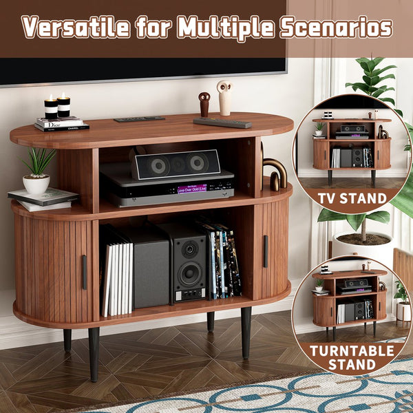 English Elm Large Mid Century Walnut Turntable Stand with Vinyl Storage and Built in Usb Charging W2641P442531